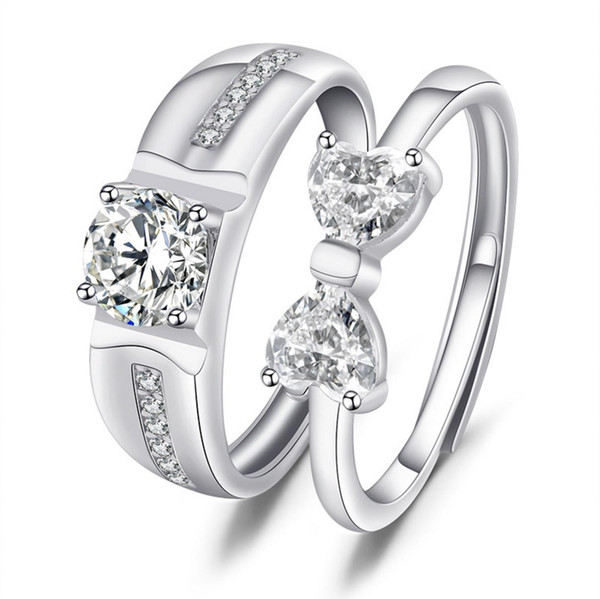 925 Pure Silver Lover Couple Ring with White Copy Diamond and Bowknot-shaped Adjustable Open Mouth for Lovers