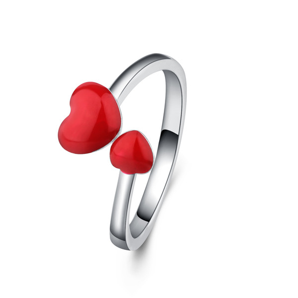 925 Pure Silver Ring with Red Heart-shaped Enamel and Adjustable Open Mouth