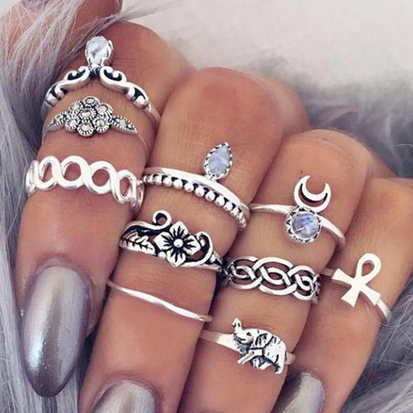 Bohemian Style Retro Turquoise Silver Totem Ring set 9 pieces 5 optional Jewery Gift For Fashion Girl