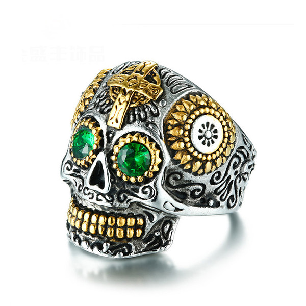 Hot Men Rings Punk Rock Style Skull Pattern Gold Plated Ring With Green CZ Crystals Luxury Ring For Men