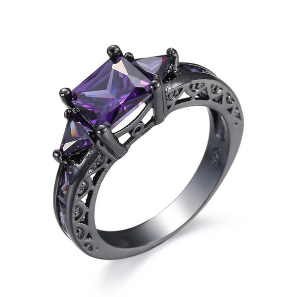 Fashion Prong Setting Purple Amethyst Cubic Zirconia Black Gold Plated Rings Size 6/7/8/9/10 Women Men's Engagement Gift