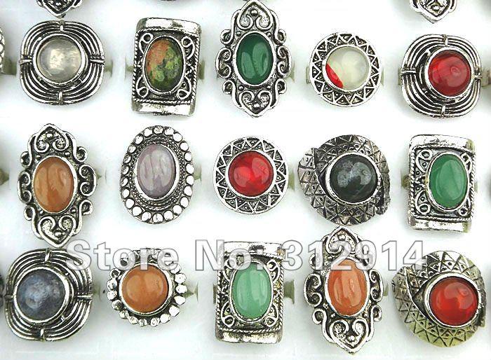 wholesale jewerly lots 10pcs Mixed Natural stone Vintage Silver Fashion Rings