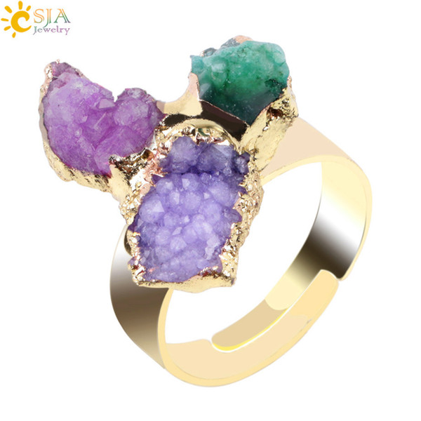 CSJA Special Power Natural Three Stone Finger Rings Reiki Chakra Healing Stones Beads Gold Plated Women Lover Party Jewelry Irregular E098