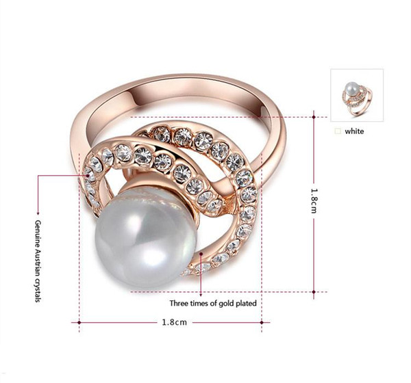 Fashion Jewelry 18K Rose Gold and White Gold Plated Pearl Ring Luxury precious Women Genuine Austrian Crystals Diamond Wedding dress rings