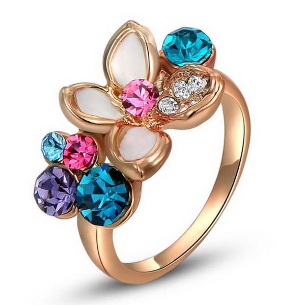 2017 New jewelry Ladies Rose Gold Plated Flower Multi-color Austrian Crystals Ring US Size 6 7 8 C00338