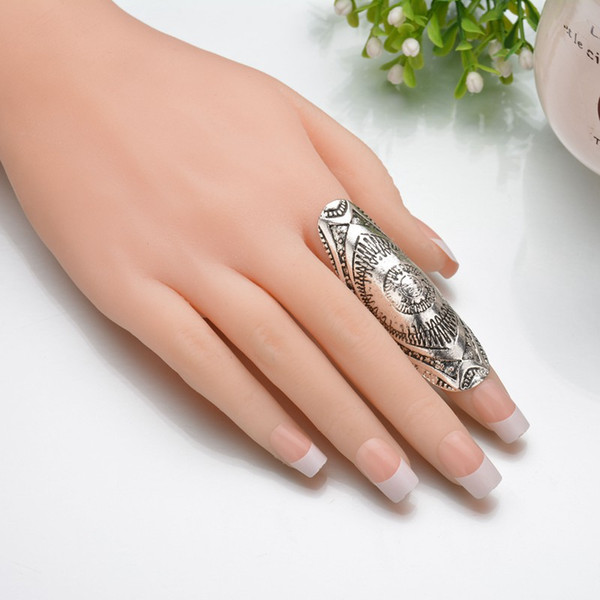 Vintage New Unique Punk Rings Ethic Antique Silver Carved Long Joint Totem Armor Rings Gypsy Boho Jewelry B94