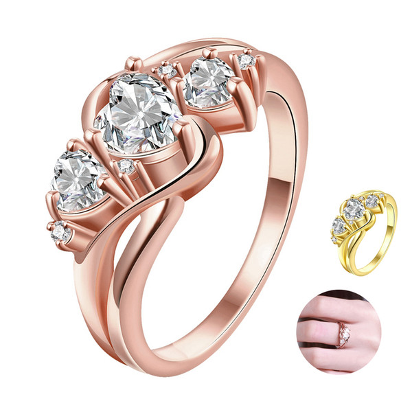 Three Stone Ring Heart Shaped AAA Cubic Zirconia Ring Romantic Gift Wedding Jewelry 24k Yellow Gold & Rose Gold Plated Ring Women Fashion