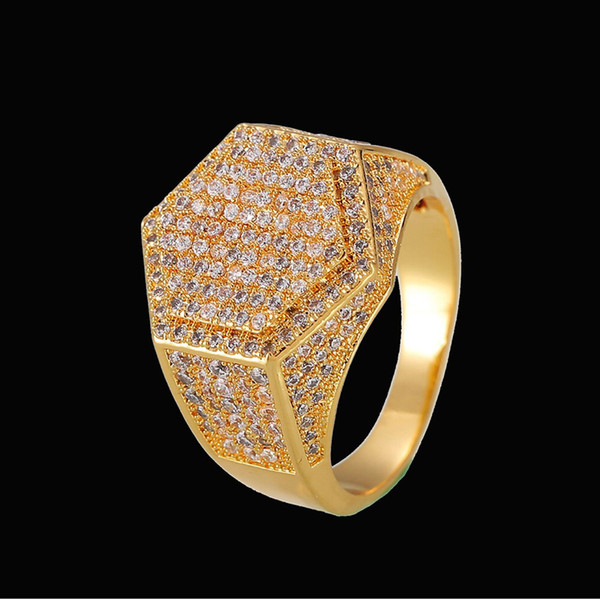 New Fashion Hiphop Hexagon Rings For Men Top Quality Brand Design 18K Gold Plated Hip Hop Jewelry Bling Ice Out Hip Hop Ring