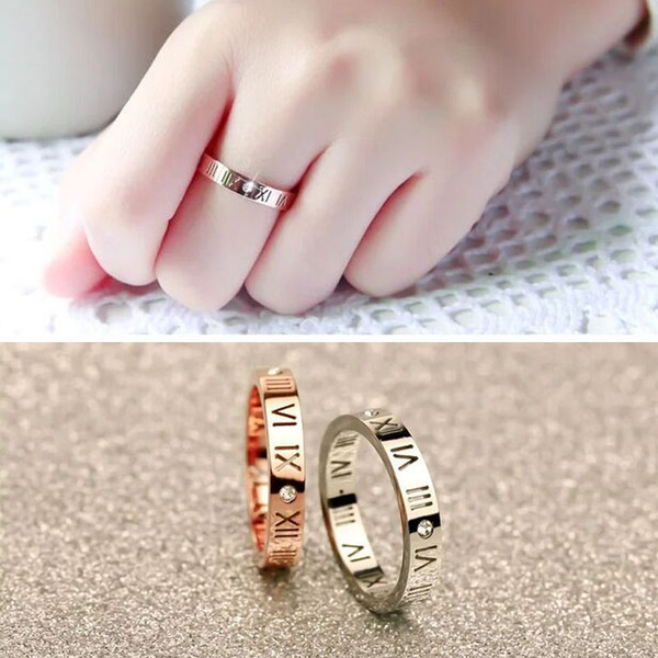 Titanium Steel Rhinestone Roman Numerals Women's Ring - Fashion Jewelry Elegant Lucky Lady Rings - Gold Silver Color (US Size 4 -10)