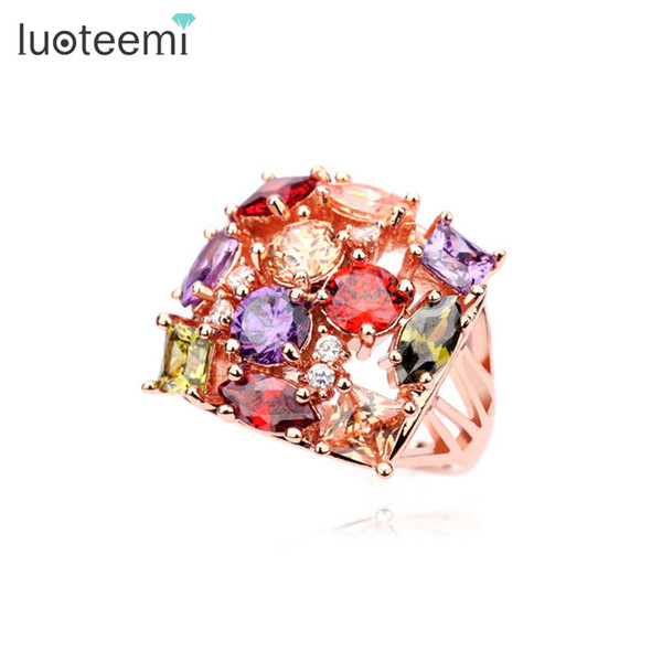 LUOTEEMI New Statement Big Square Female Multicolor Zircon Stone Paved Wedding Rings for Women High Quality Jewelry