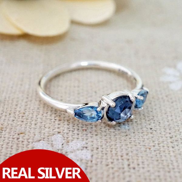 Three Blue Crystal Stone Rings 100% 925 Sterling Silver Logo fit Pandora style Ring for Women Wedding Gift Jewelry