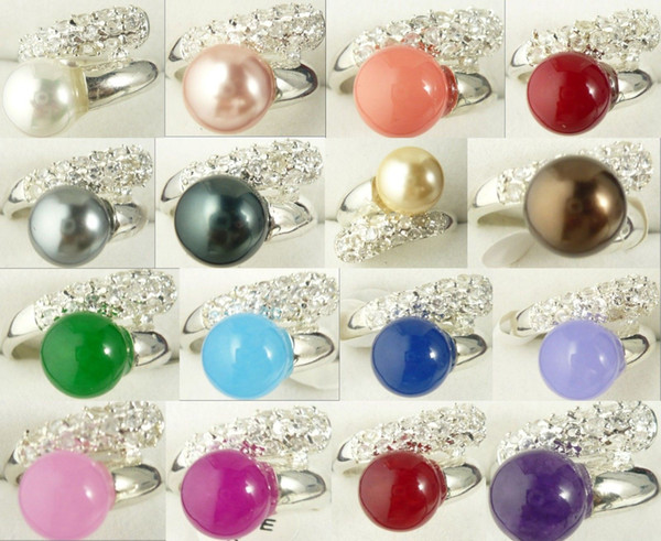 Wholesale cheap fashion white black pink purple blue red green shell pearl jade 18 KGP ring