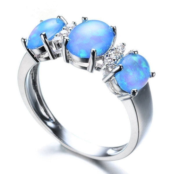 Fashion Women White & Green & Blue Fire Opal Ring 925 Silver Plated Wedding Three Stone Ring Jewelry Size 5- 12