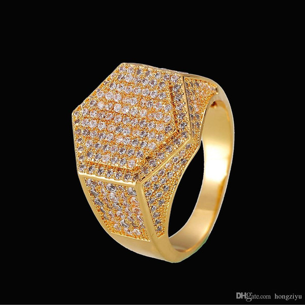 New Fashion Hiphop Hexagon Rings For Men Top Quality Brand Design 18K Gold Plated Hip Hop Jewelry Bling Ice Out Hip Hop Ring