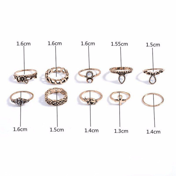 Bronze Silver Punk Vintage Knuckle Rings Elephant Moon Tribal Ethnic Hippie Stone Joint Ring 10 PCS Set For Women