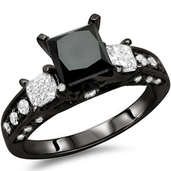 Size 5-11 Black Rhodium Wedding Ring Princess Cut CZ Engagement Propose Anniversary Cocktail