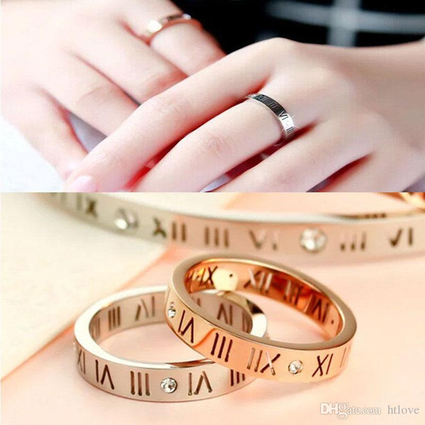 Titanium Steel Rhinestone Roman Numerals Women's Ring - Fashion Jewelry Elegant Lucky Lady Rings - Gold Silver Color (US Size 4 -10)