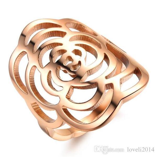 Ethnic Jewelry Peony Flower Ring Hollow Design 2015 New Fashion Stainless Steel Women Rose Gold Plated Party Ring, 391