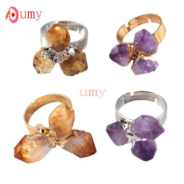 Wholesale 10 Pcs New Stylish Silver Gold Plated Resizable Irregular Shape Natural Amethyst Citrine Ring Fashion Jewelry