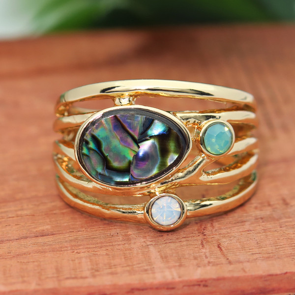 New Fashion Vintage14k Gold Colorful Opal Moonstone Ring Band Creative Multi-layer Abalone Shell Inlay Ring Gifts for Women Wholesale