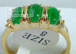 wholesale Emerald green jade 3 Bead 18KGP Ring size: 7.8.9