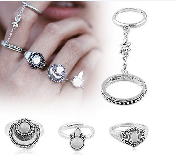 Simple geometric chain carved diamond-studded retro moon gem five-piece ring ring tail ring tide