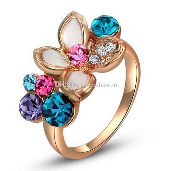 Ladies Rose Gold Plated Flower Multi-color Austrian Crystals Ring US Size 6 7 8 C00338 FASH