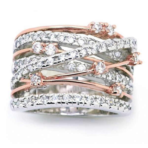 New Fashion Rose Gold Silvery Twist Classic Cross Cubic Zirconia Wedding Engagement Ring for Woman Girls Crystal Jewelry Gift Bague Femme