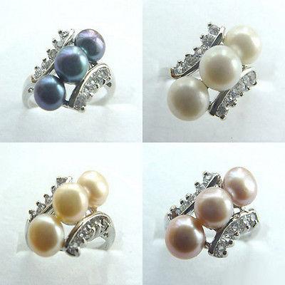 Wholesale Genuine Black White Pink Purple Pearl 3 Beads White Gold Plated Crystal Ring