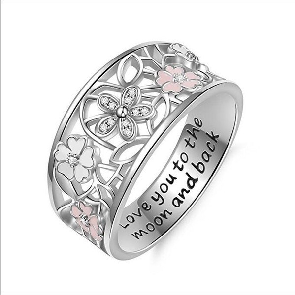 925 Sterling Silver Cherry Blossom Pink love you to the moon and back Enamel Heart Floral CZ Finger Ring Size 6-10