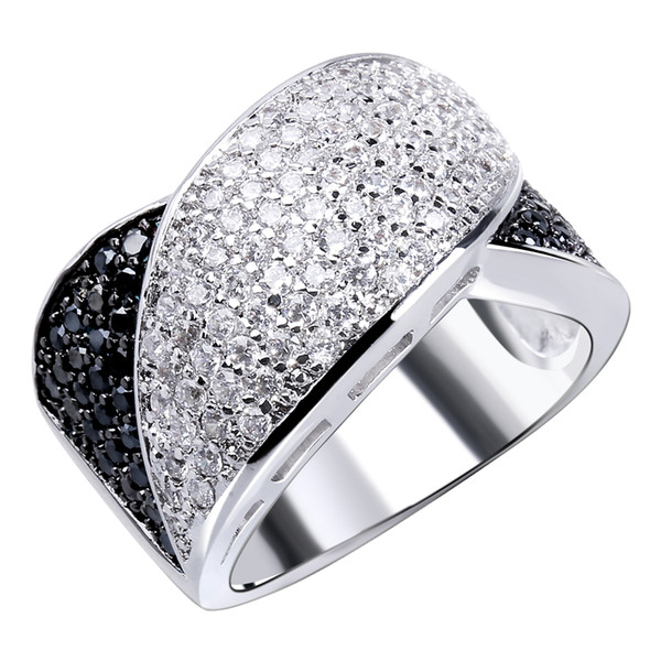 Black and white ring Sale Real Freeshipping Bands Trendy Party Plant Cz Carved Ring Full Stones with And Plate Big Rings for Women Wholesale