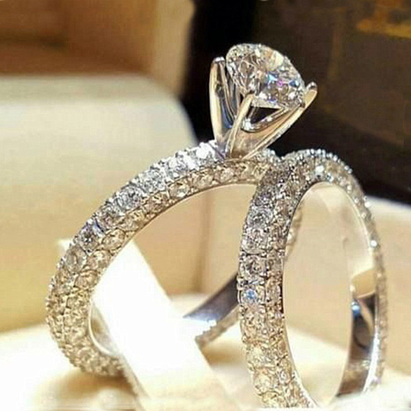 European and American fashion platinum imitation couple ring ladies two sets of zircon ring wholesale