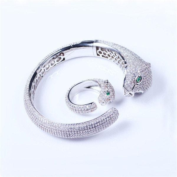 Fashion Designer Animals Rings Bangles Sets Luxury Green Eyes Cheetah Classic Bracelets Rings Quality Fine Wedding Jewelry Set Lover Gift