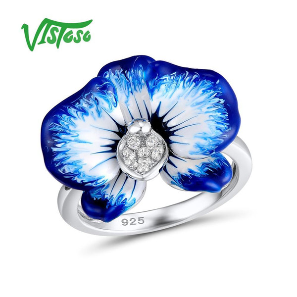 VISTOSO Blue Flower Ring For Woman 925 Sterling Silver Ring Blooming Flower Luminous Cubic Zirconia Fine Jewelry Handmade Enamel D1892005