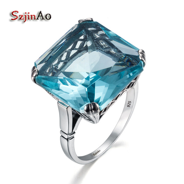 Szjinao Wholesale High quality Jewelry Vintage Solid 925 Sterling Silver Rings for Women Square Blue Aquamarine Big gift D1892601