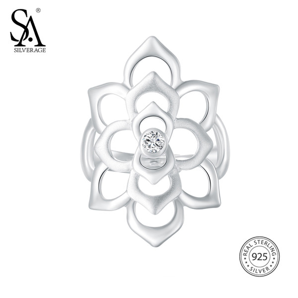 SA SILVERAGE 925 Sterling Silver Flower Wedding Adjustable Rings for Women Fine Jewelry Trendy Silver Big Women Open Rings D1892601