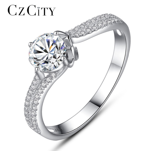 CZCITY Wedding Rings for Women Tiny CZ Paved with One Carat Zircon 925 Sterling Silver Engagement Finger Ring Bague Femme SR0023 D1892005