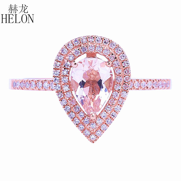 HELON Solid 14k Rose Gold Two Halos Natural Diamonds Engagement Wedding Ring 5x7mm Pear Pink Morganite Ring Fine Jewelry Women D1892601