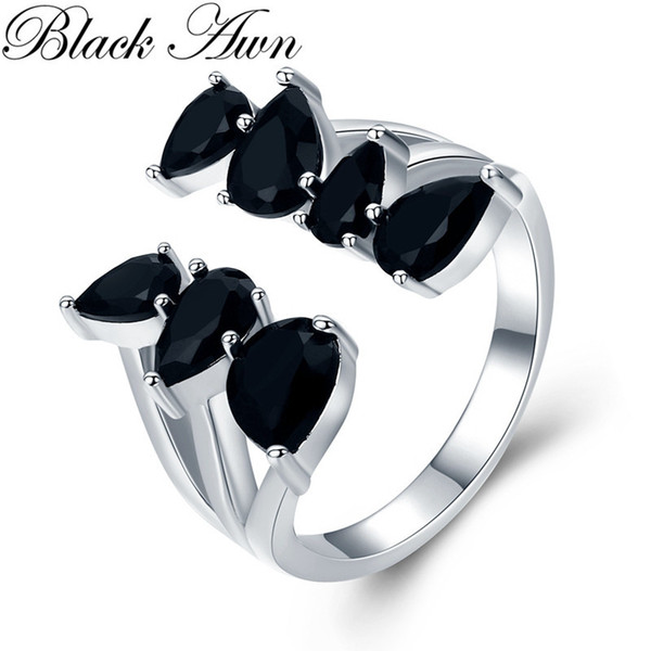 Hygerbole 4.4g 925 Sterling Silver Fine Jewelry Engagement Black Spinel Engagement Open Rings for Women G030 D1892005