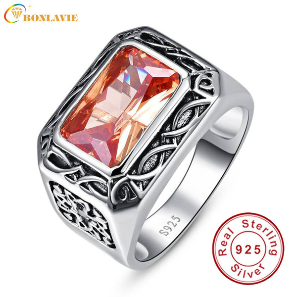 Vintage Men Silver Ring Jewelry 925 Sterling Silver Jewelry 6.75Ct Morganite Antique Square Rings For Men Anillos Bague Gifts D1892601