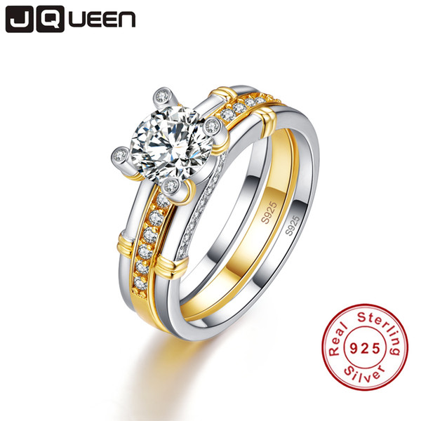 JQUEEN 2pcs/lots 925 Sterling Silver Ring 18k Gold Plated Tail Ring 2.6ct Topaz Real Silver Couple Wedding Rings For Women D1892601