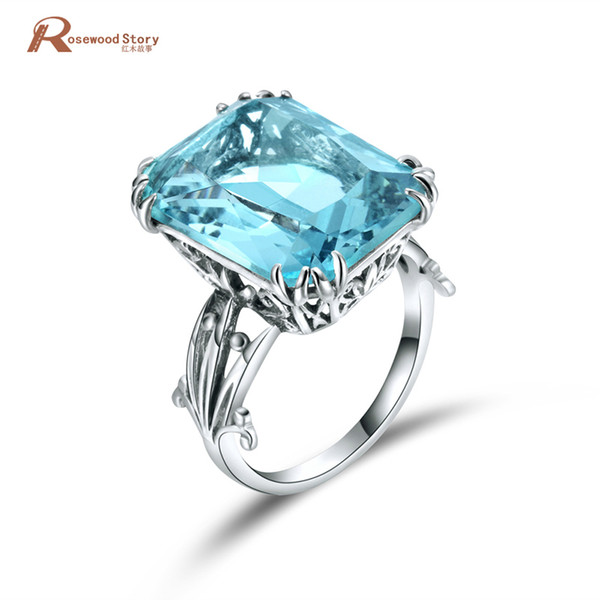 Luxury Square Charms Handmade Vintage Women's 925 Sterling Silver Birthstones Sky Blue Crystal Wedding Ring Brand Jewelry D1892005