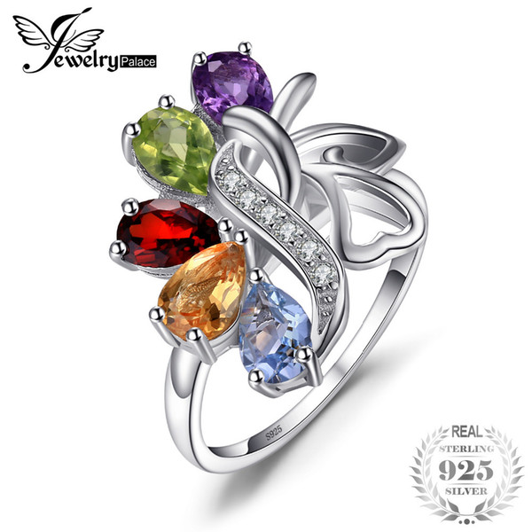 JewelryPalace Brand 2.5ct Genuine Amethyst Garnet Peridot Topaz Pure Rock Quartz Solid 925 Sterling Silver Gem Stone Bijoux Ring D1892005