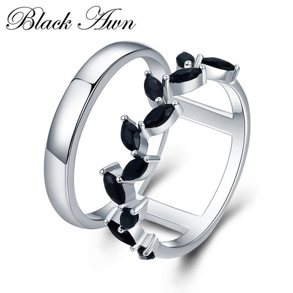 Hyperbole 3.7g 925 Sterling Silver Fine Jewelry Trendy Engagement Bague Black Spinel Leaf Women's Wedding Ring Bijoux Femme G001 D1892005