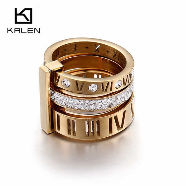 Kalen 2017 Rhinestone Rings For Women Stainless Steel Gold Roman Numerals Finger Rings Femme Wedding Engagement Rings Jewelry S18101608