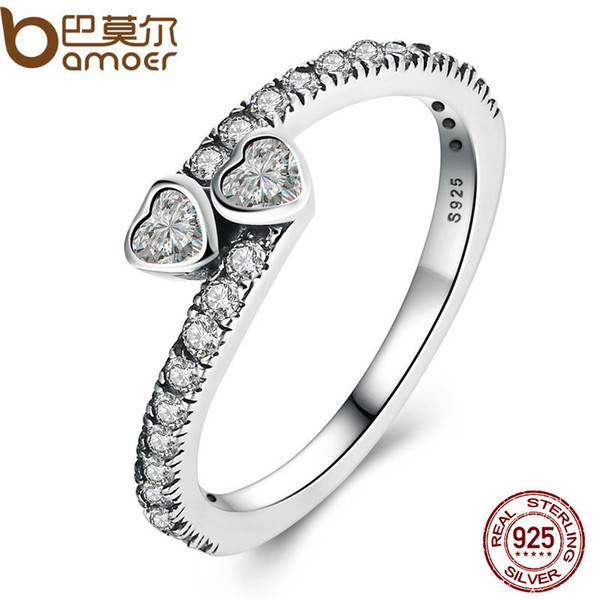 BAMOER Genuine 925 Sterling Silver Forever Hearts, Clear CZ Finger Ring Women Wedding Jewelry PA7614 S18101608