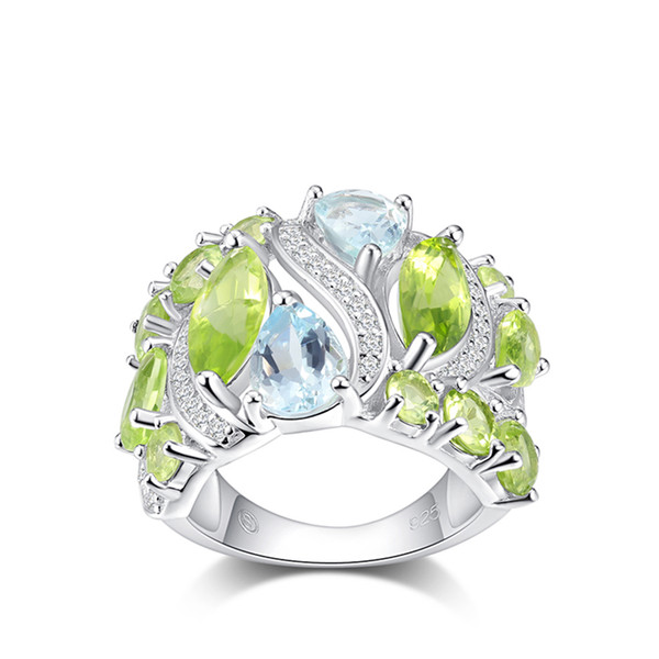 PJC 925 Sterling Silver Rings Created Natural Gemstone 3.28cts Peridot And 0.17cts Aquamarine For Women Party Dating Jewelry S18101002