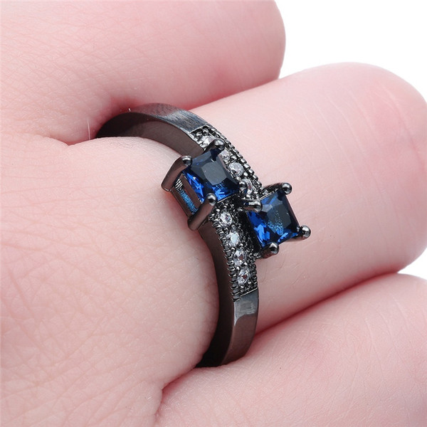 Women Fashion 925 Sterling Silver Black Gold Plated Blue Sapphire Engagement Wedding Ring size 6 7 8 9 10