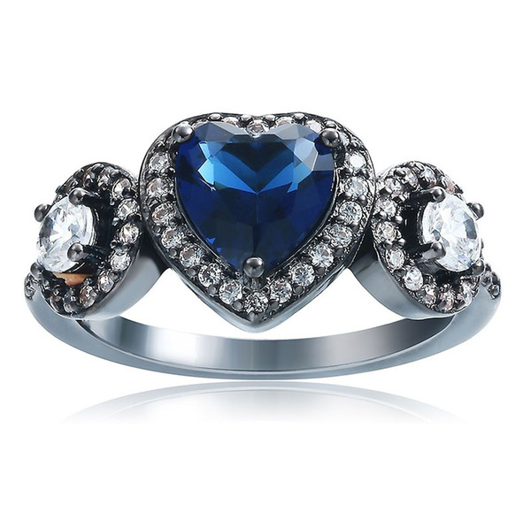 Wholesale Women Fashion 925 Sterling Silver Black Gold Plated Heart Blue Sapphire Engagement Wedding Ring size 6 7 8 9 10