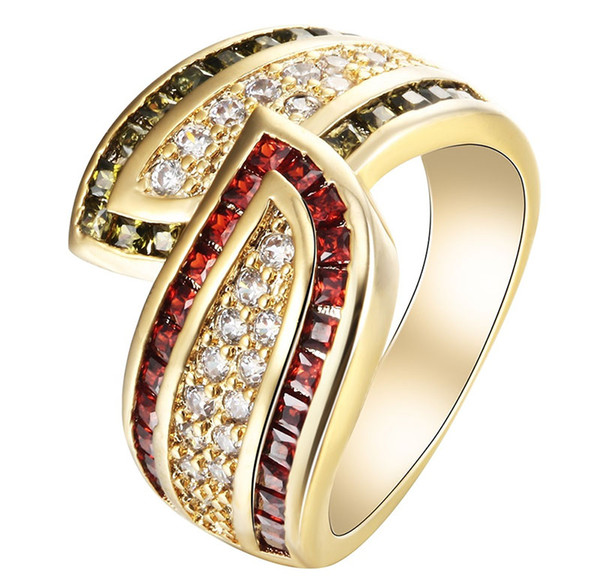 Wholesale 14kt Gold Filled Fashion Garnet & Olivine Wedding Set Rings Jewelery Bride Size 6 7 8 9